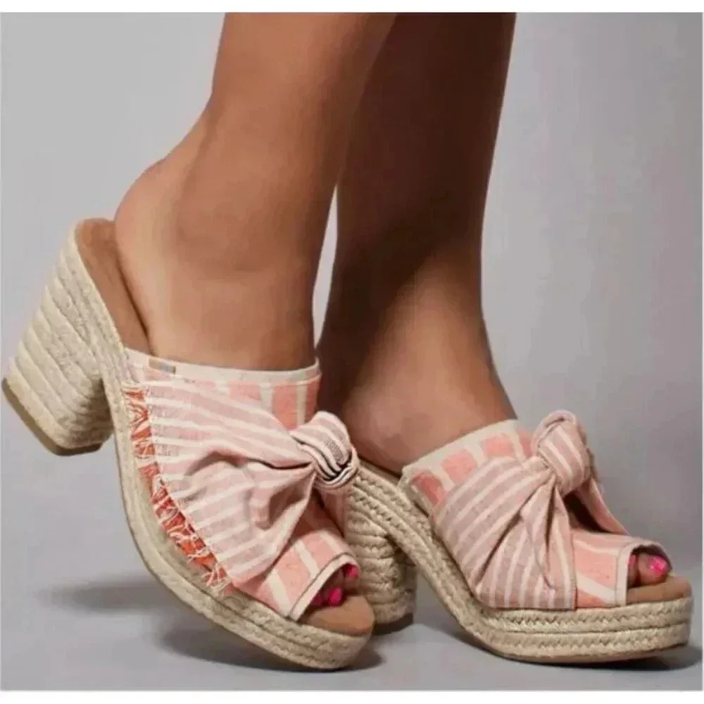 NWOT TOMS Junie Espadrille Cabana Coral Stripe Bow Mules